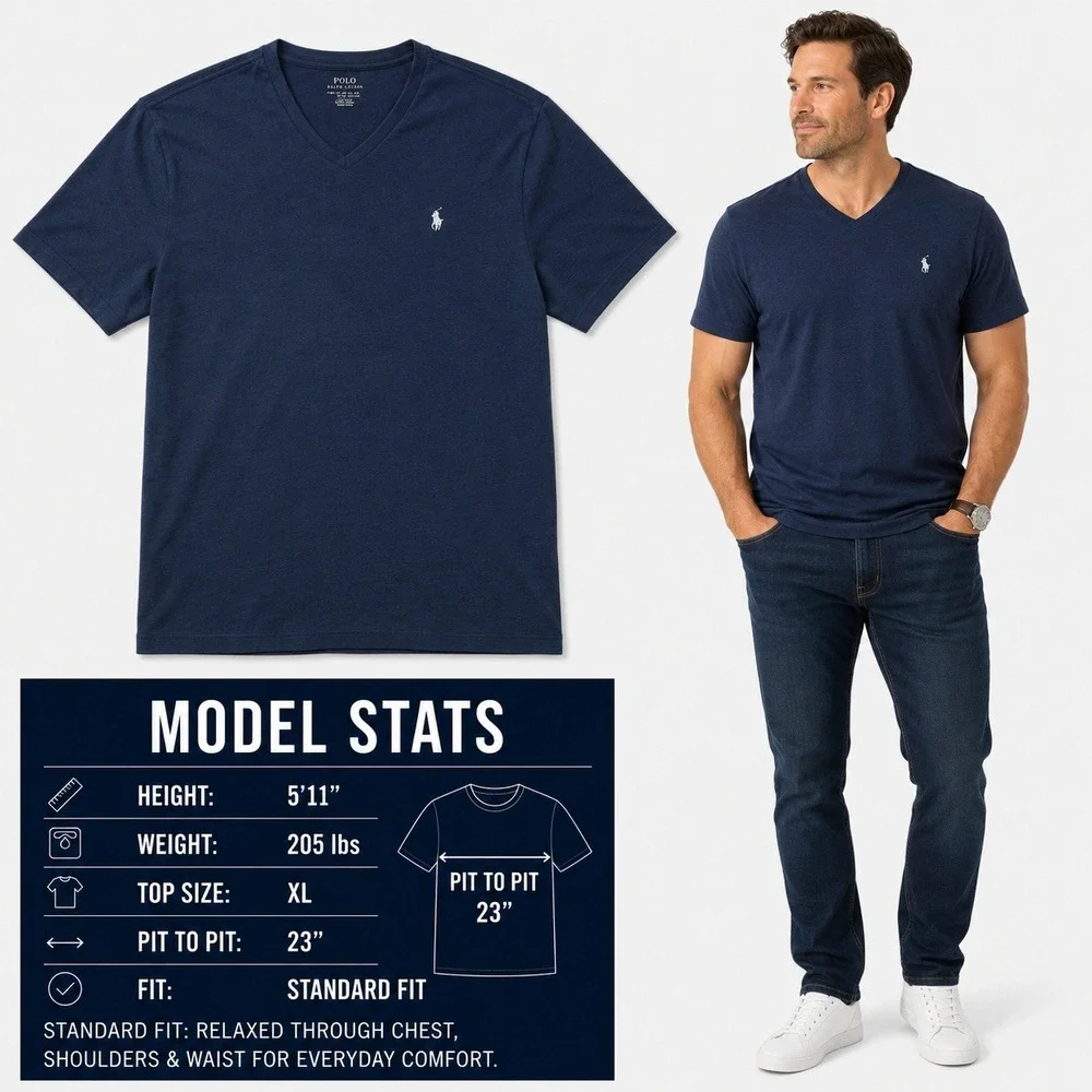 Polo Ralph Lauren Mens XL V-Neck T-Shirt Navy Blue Heather Pony Logo Cotton